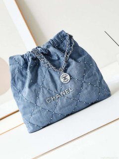 Chanel 22 Handbag Washed Denim & Silver-Tone Metal AS3261 Blue