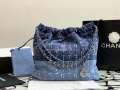 Chanel AS3261 22 Handbag Washed Denim & Silver-Tone Metal Blue Multicolor