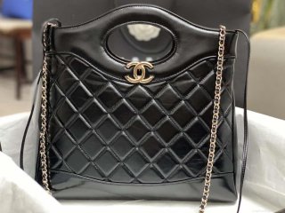 Chanel AS4853 Shopping Bag Shiny Lambskin & Gold-Tone Metal Black