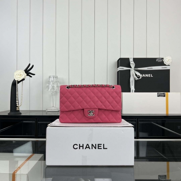 Chanel A01112 Flap Classic 11.12 Handbag Grained Calfskin & Silver-Tone Metal Rose Red