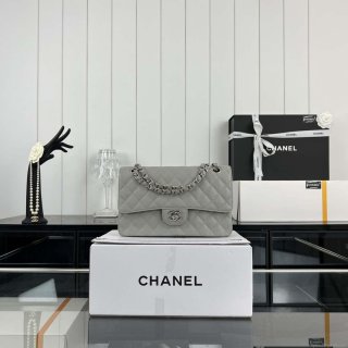 Chanel A01112 Flap Classic Handbag Grained Calfskin & Silver-Tone Metal Gray