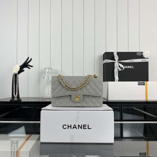 Chanel A01112 Flap Classic Handbag Grained Calfskin & Gold-Tone Metal Gray