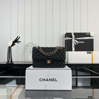 Chanel A01112 Flap Classic Handbag Grained Calfskin & Gold-Tone Metal Black