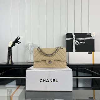 Chanel A01112 Flap Classic Handbag Grained Calfskin & Silver-Tone Metal Apricot