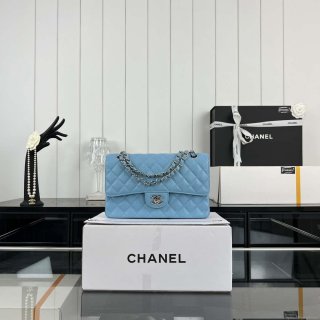 Chanel A01112 Flap Classic Handbag Grained Calfskin & Silver-Tone Metal Blue