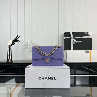 Chanel A01112 Flap Classic Handbag Grained Calfskin & Gold-Tone Metal Purple