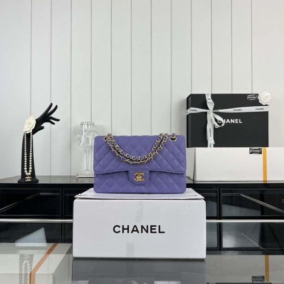 Chanel A01112 Flap Classic Handbag Grained Calfskin & Gold-Tone Metal Purple