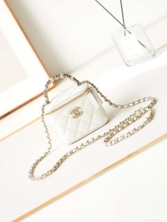 Chanel AP3805 Mini Clutch Lambskin Vanity Box bag With Pearl handle White