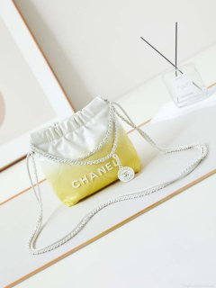 Chanel 22 Mini Handbag Patent Gradient Calfskin Lacquered Metal AS3980 White & Yellow