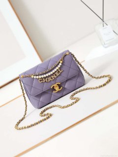 Chanel AS4986 Mini Flap bag Shiny Lambskin Imitation Pearls & Gold-Tone Metal Light Purple