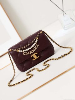 Chanel AS4986 Mini Flap bag Shiny Lambskin Imitation Pearls & Gold-Tone Metal Wine Red