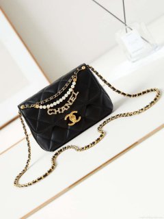 Chanel AS4986 Mini Flap bag Shiny Lambskin Imitation Pearls & Gold-Tone Metal Black