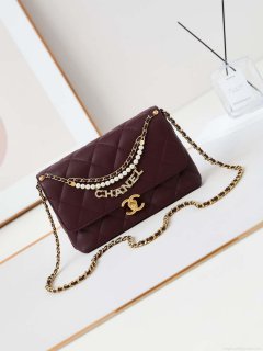 Chanel AS5011 Flap bag Shiny Lambskin Imitation Pearls & Gold-Tone Metal Wine Red