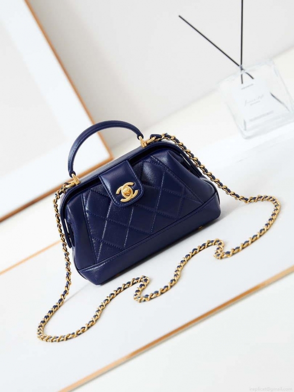 Chanel AS4958 Mini Flap bag With top handle Shiny Lambskin & Gold-Tone Metal Navy blue