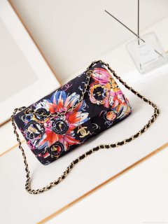 Chanel AS4842 Flap Printed Fabric & Gold Metal Black & Multicolour