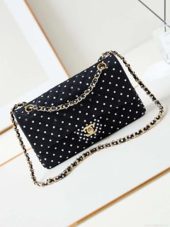 Chanel A01112 Flap Black Fabric Printed with white raindrops