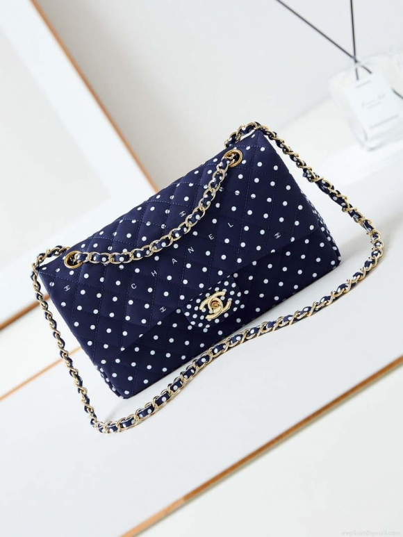 Chanel A01112 Flap Blue Fabric Printed with white raindrops