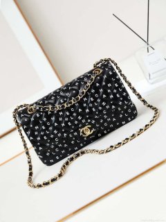 Chanel A01112 Flap Black Lambskin Printed with white CC logo