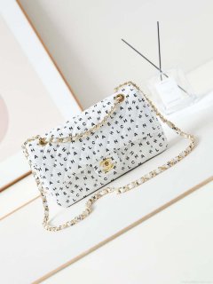 Chanel A01112 Flap White Lambskin Printed with Black CC logo