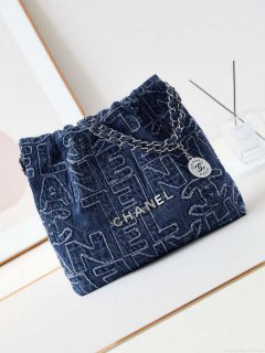 Chanel 22 AS3260 Small Handbag 24A Denim embroidered & Silver-Tone Metal