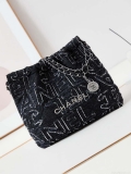 Chanel 22 AS3260 Small Handbag 24A Black Denim embroidered & Silver-Tone Metal