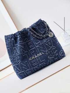 Chanel 22 AS3261 Handbag 24A Denim embroidered & Silver-Tone Metal