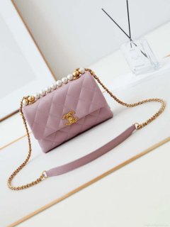 Chanel AS5001 Mini Flap Bag with top Handle Shiny Lambskin Imitation Pearls & Gold-Tone Metal Pink