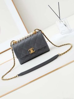 Chanel AS5001 Mini Flap Bag with top Handle Shiny Lambskin Imitation Pearls & Gold-Tone Metal Grey