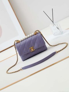 Chanel AS5001 Mini Flap Bag with top Handle Shiny Lambskin Imitation Pearls & Gold-Tone Metal Purple