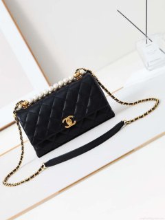 Chanel AS4997 Flap Bag with top Handle Shiny Lambskin Imitation Pearls & Gold-Tone Metal Black