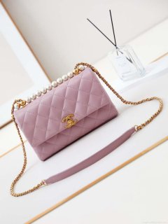 Chanel AS4997 Flap Bag with top Handle Shiny Lambskin Imitation Pearls & Gold-Tone Metal Pink