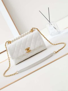 Chanel AS4997 Flap Bag with top Handle Shiny Lambskin Imitation Pearls & Gold-Tone Metal White