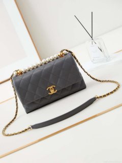 Chanel AS4997 Flap Bag with top Handle Shiny Lambskin Imitation Pearls & Gold-Tone Metal Gray