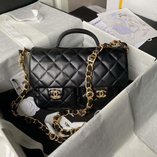 Chanel AS4993 Flap Bag with Top Handle Shiny Lambskin & Gold-Tone Metal Black