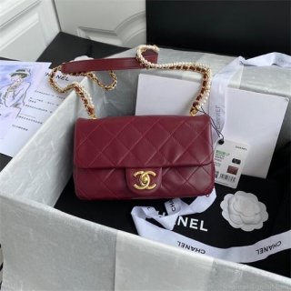 Chanel AS2210 Flap Bag With Crystal Pearls Chain Calfskin Wine Red