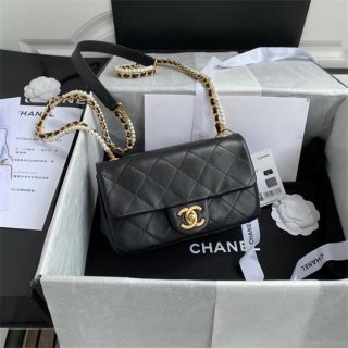 Chanel AS2210 Flap Bag With Crystal Pearls Chain Calfskin Black