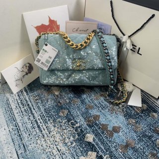 Chanel AS1161 chanel 19 Large Handbag Sequins Calfksin Bag Lake Blue