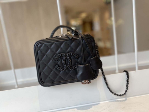 Chanel AS1785 CC Filigree Vanity Case Bag Grained Calfskin Black