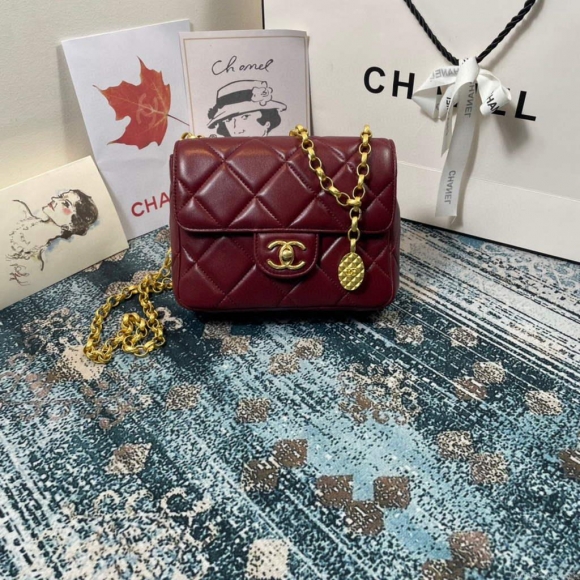 Chanel AS2693 Small Flap Bag Calfskin Gold Wine Red