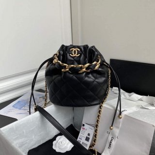 Chanel AS2425 Shiny Lambskin Large Drawstring Bucket Bag Black