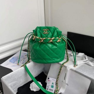 Chanel AS2425 Shiny Lambskin Large Drawstring Bucket Bag Green