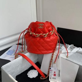 Chanel AS2425 Shiny Lambskin Large Drawstring Bucket Bag Red