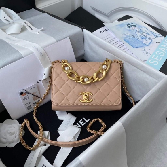 Chanel AS2638 Mini Flap Bag Calfskin Gold Tone Metal Apricot