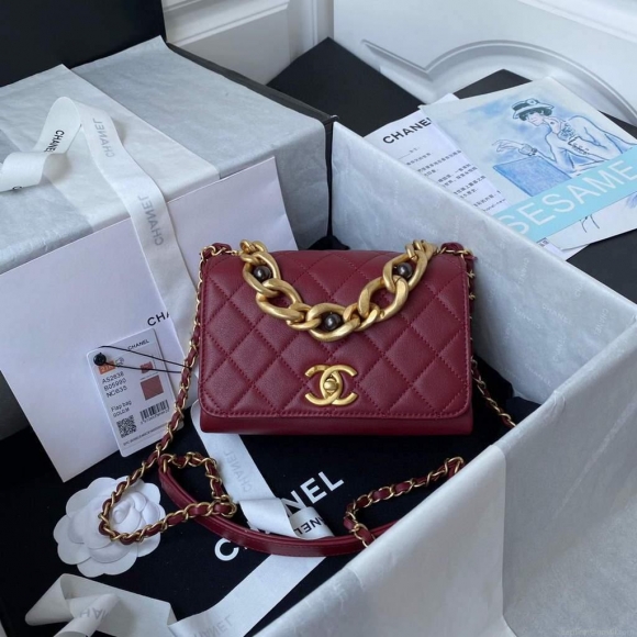 Chanel AS2638 Mini Flap Bag Calfskin Gold Tone Metal Wine Red