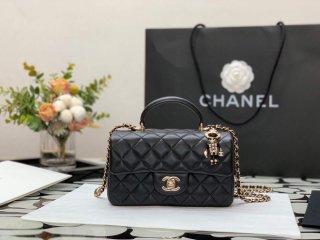 Chanel AS2431 Mini flap Lambskin bag with top handle Black Lion Bright Gold