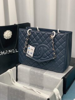 Chanel A50995 Matelasse GST Chain Tote bag caviar Calfskin leather Navy Blue Silver