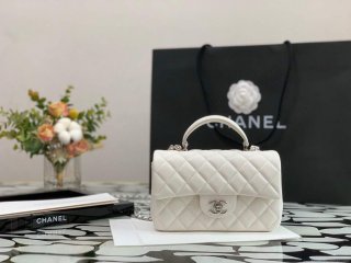 Chanel AS2431 Mini flap Calfskin bag with top handle White Light Silver