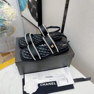 Chanel Women’s Sandals G38423 Satin Imitation Pearls C90246 Black