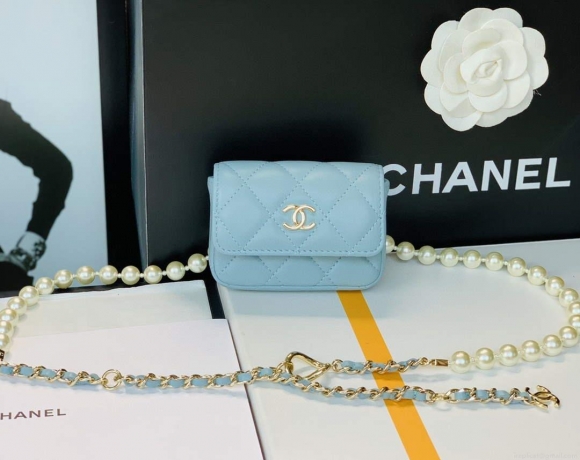 Chanel AP2654 Belt bag lambskin Imitation Pearls gold Light Blue