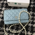 Chanel A68052 Wallet on Chain bag lambskin Imitation Pearls gold Light Blue